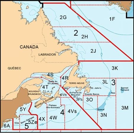 Carte illustrant les divisions et sous-divisions de gestion des pêches de l’Atlantique Nord-Ouest de l’OPANO
