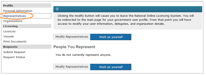 This is an image of the Representatives screen, where the Representatives hyperlink on the left side of the screen is circled in orange.