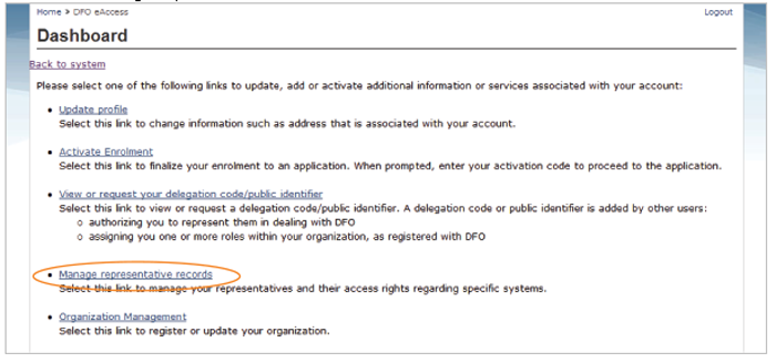 This is an image of the Dashboard screen, where the Manage representative records hyperlink is circled in orange