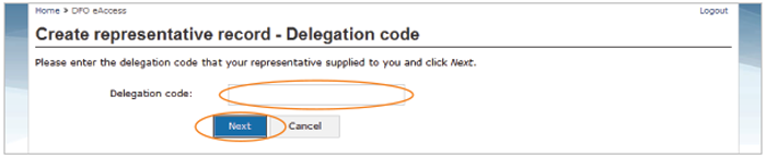 This is an image of the Create representative records- Delegation code, where the Delegation code entry box is circled in orange, as well as the Next button