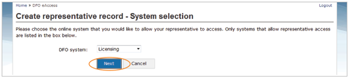 This is an image of Create representative record- System selection, where the Next button is circled in orange