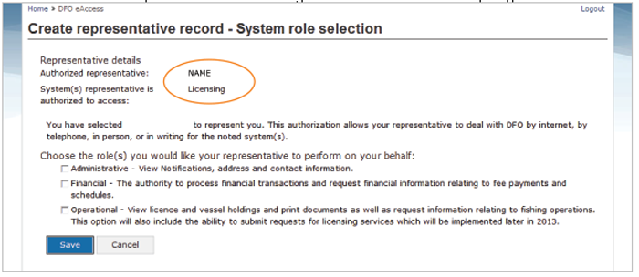 This is an image of the Create representative record- System role selection, where Representative details are circled in orange