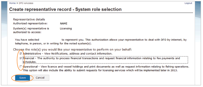 This is an image of the Create representative record- System role selection, where the representative roles and the Next button are circled in orange