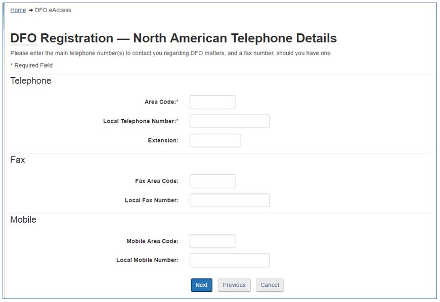 Screenshot : DFO Registration - North American Telephone Details