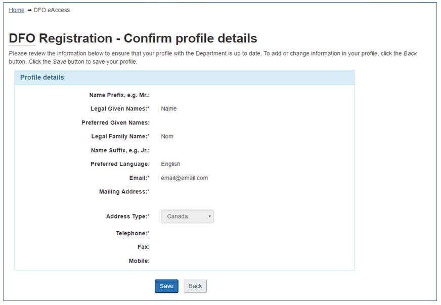 Screenshot : DFO Registration - Confirm profile details