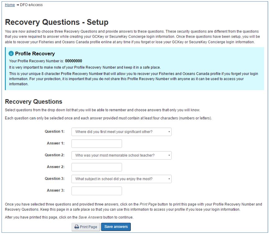 Screenshot: Recovery questions setup