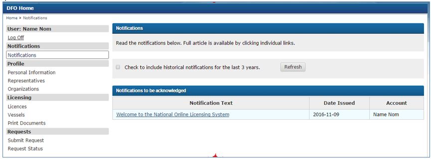 Screenshot : Notifications of the registration