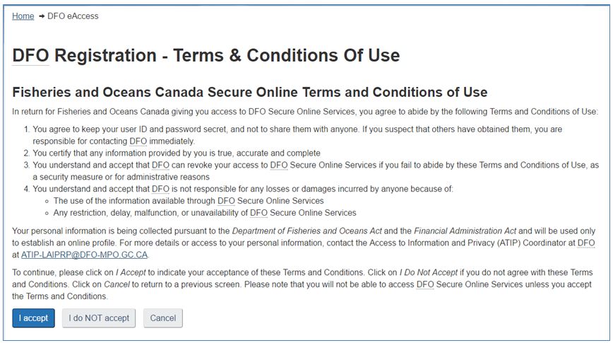 Screenshot : DFO Registration- Terms and Conditions Of Use