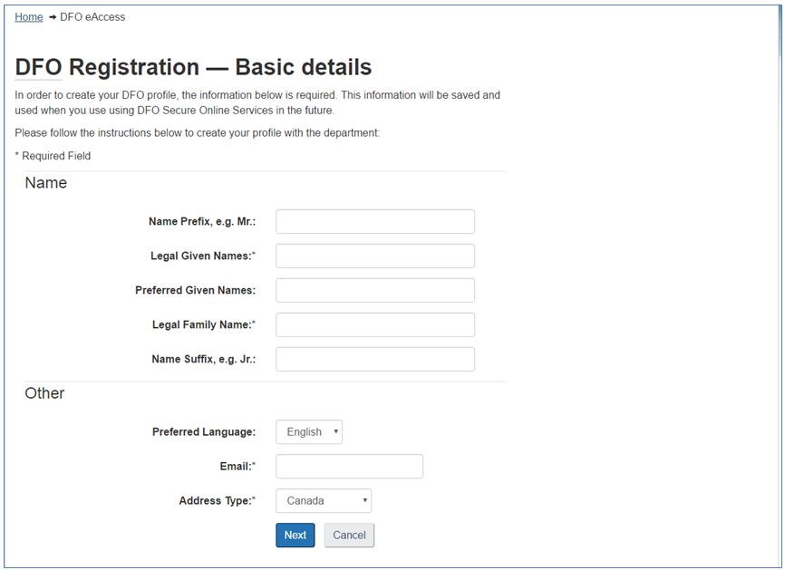 Screenshot : DFO Registration - Basic details