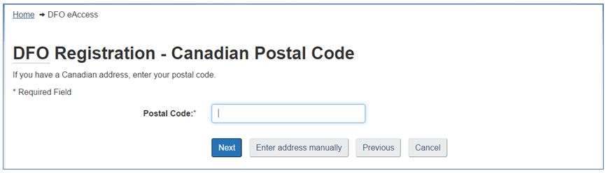 Screenshot : DFO Registration - Canadian Postal Code
