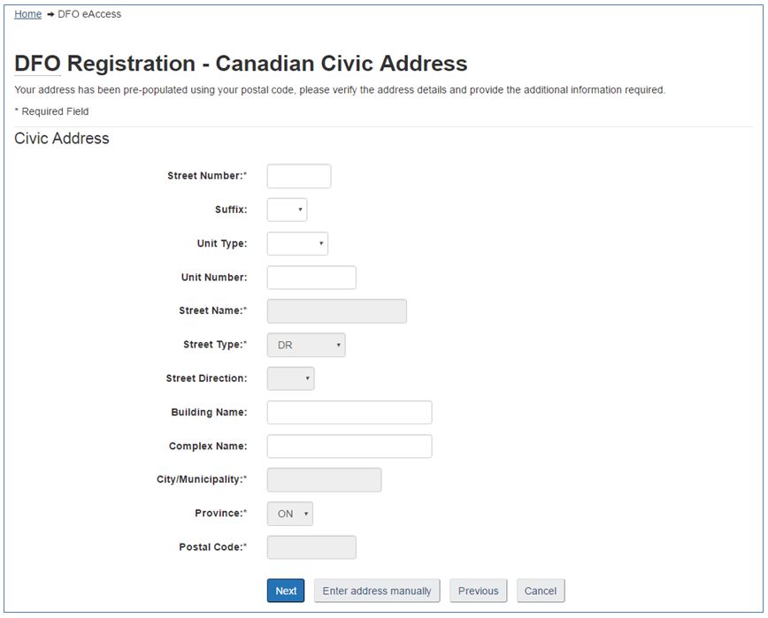 Screenshot : DFO Registration - Canadian Civic Address