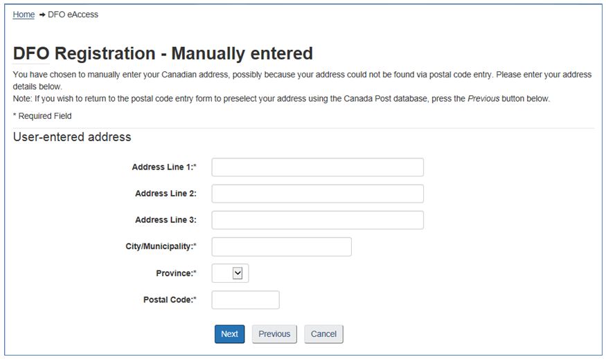 Screenshot : DFO Registration - Manually entered