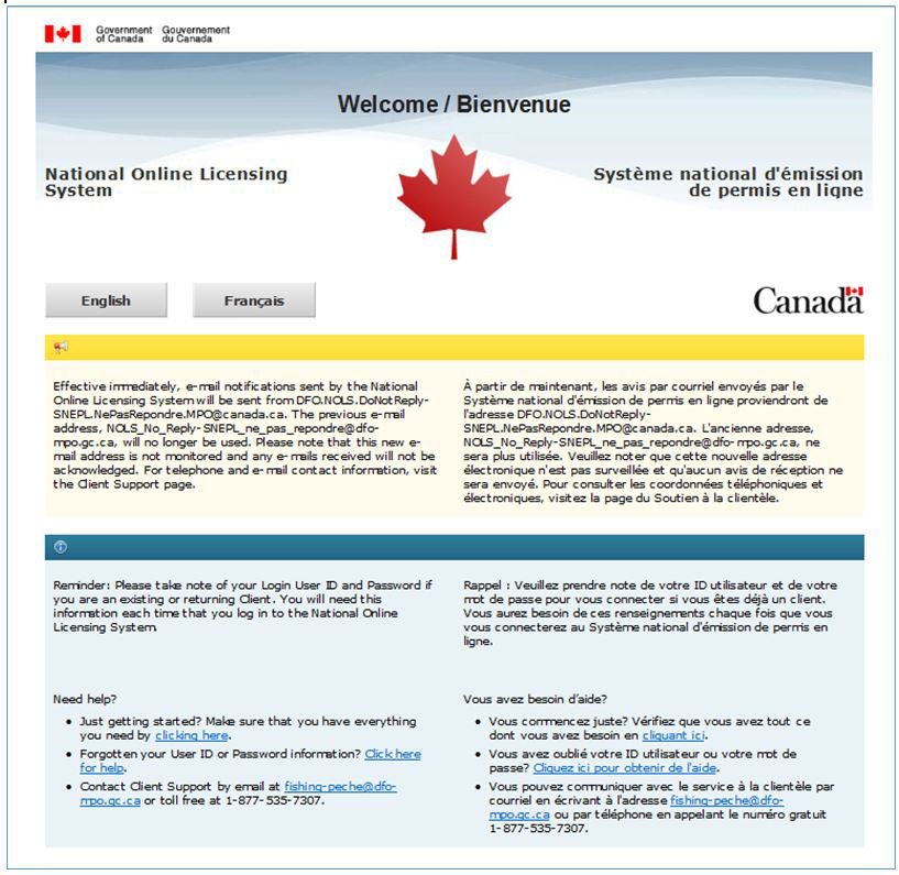 Screenshot of the National Online Licensing System Welcome page