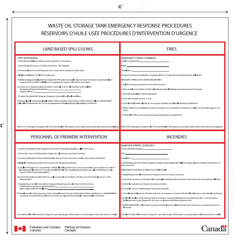 Exemple d’une pancarte pour des procédures d’intervention d’urgence d’un réservoirs d’huile usée. Le logo de Pêches et Océans Canada est dans le coin en bas à gauche  et celui de Canada est en bas à droite. Le texte anglais est dans la partie du haut tandis que celui français est en bas. 