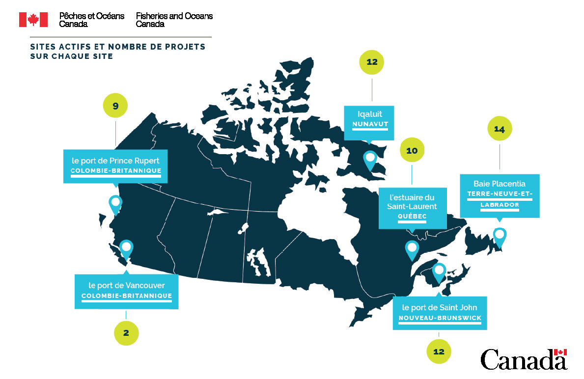 Les sites actuels et le nombre de projets réalisés sur chaque site sont représentés sur une carte du Canada sur laquelle est épinglé l'emplacement de chaque site, ainsi que le nom et le nombre de projets. •	le port de Prince Rupert, situé sur la côte Nord de la Colombie-Britannique, compte 9 projets •	le port de Vancouver, situé la côte Sud de la Colombie-Britannique, compte 2 projets •	Iqaluit, situé à Nunavut, dans le nord-est, compte 12 projets •	l'estuaire du Bas-Saint-Laurent, situé dans le sud-est du Québec, compte 10 projets •	le Port de Saint John, situé sur la côte Est dans le sud du Nouveau-Brunswick, compte 12 projets. la baie Placentia, située sur l'extrême côte Est de Terre-Neuve-et-Labrador, compte 14 projets.