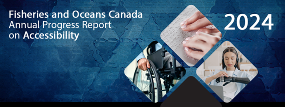 Report cover for Fisheries and Oceans Canada Annual Progress Report on Accessibility 2024. Inset: a person using a wheelchair user, fingertips of a person reading brail and a person raising a prosthetic arm.