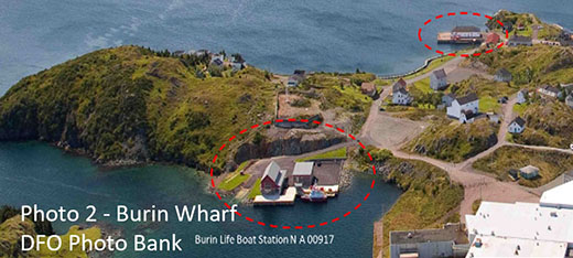 The photo depicts two RP wharfs located in the town of Burin, including the new search and rescue wharf in the community as well as the old wharf which is no longer in use and designated operationally surplus.