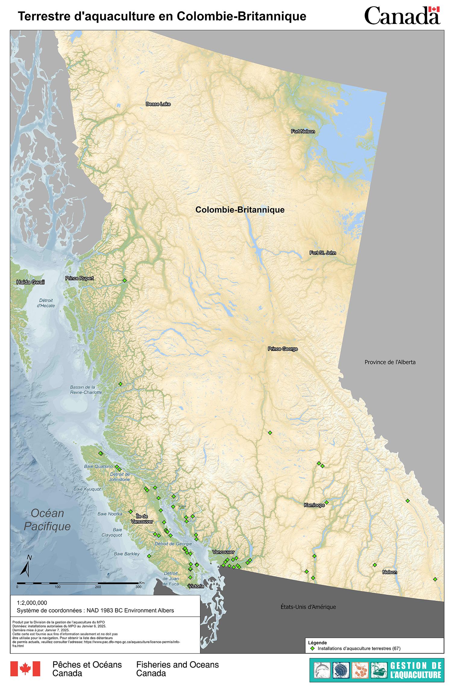 Carte : Installations d’aquaculture terrestre en Colombie-Britannique