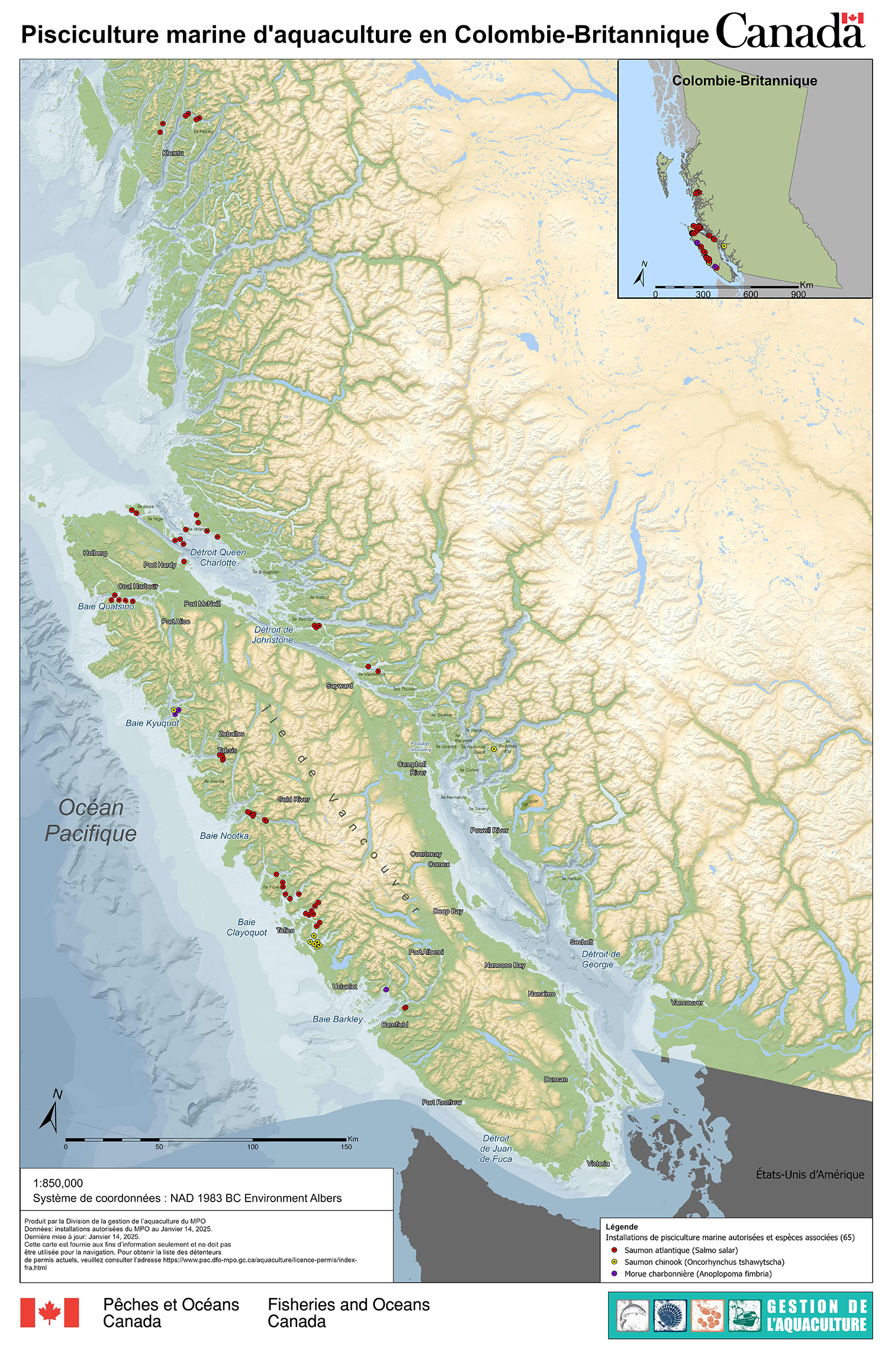 Carte : Installations de pisciculture marine en Colombie-Britannique