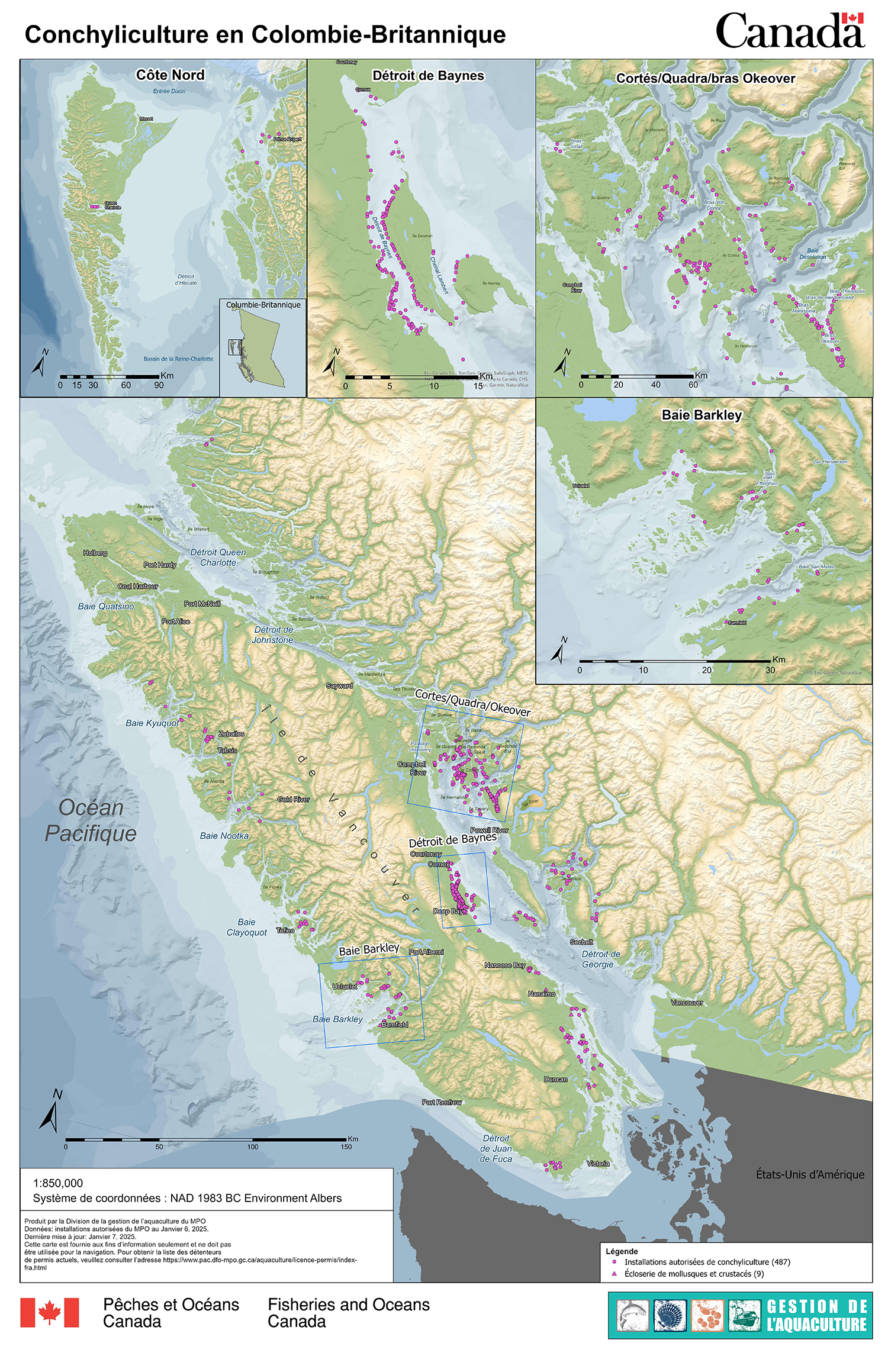 Carte de la conchyliculture en Colombie-Britannique