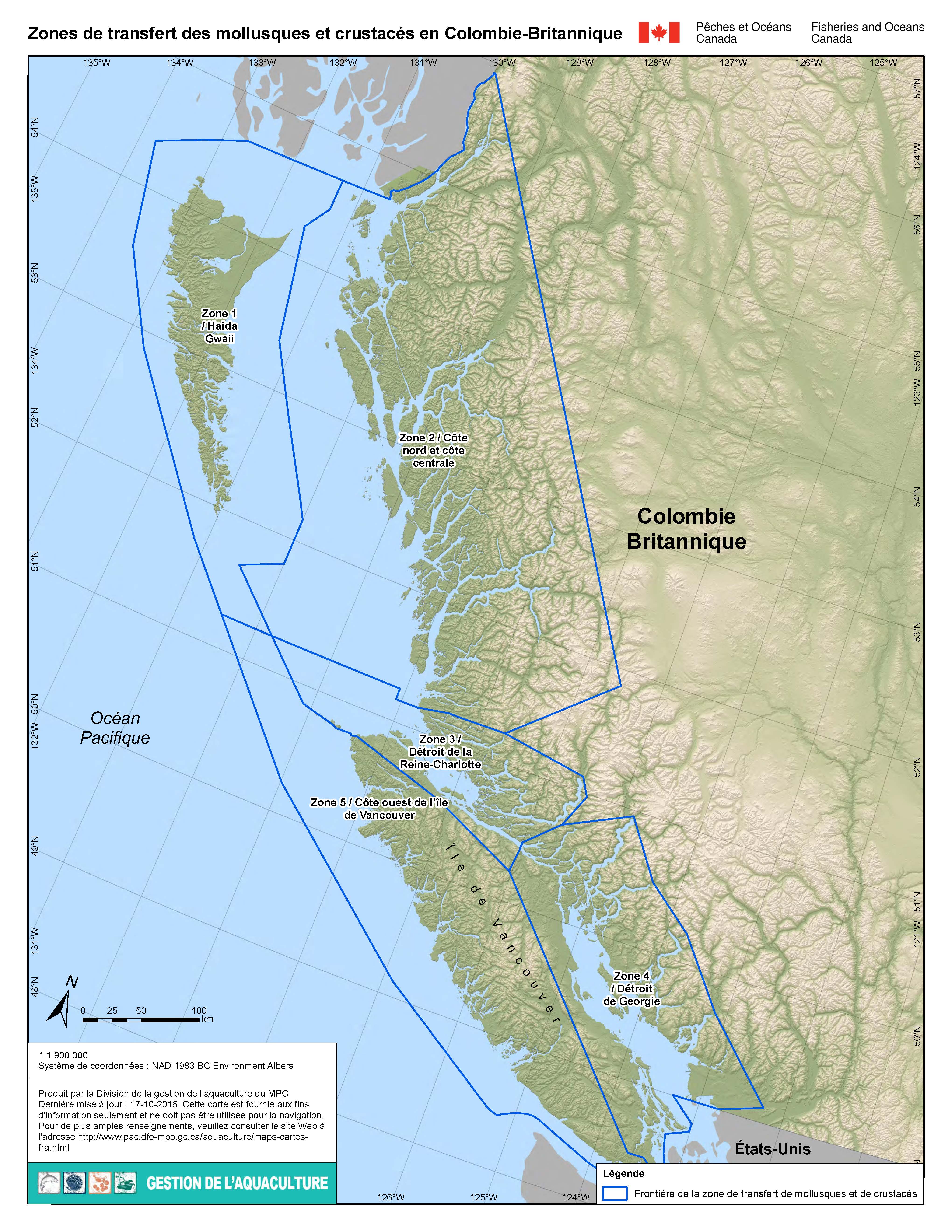 Carte: Zones de transfert des mollusques et crustacés; Frontière de la zone de transfert de mollusques et de crustacés