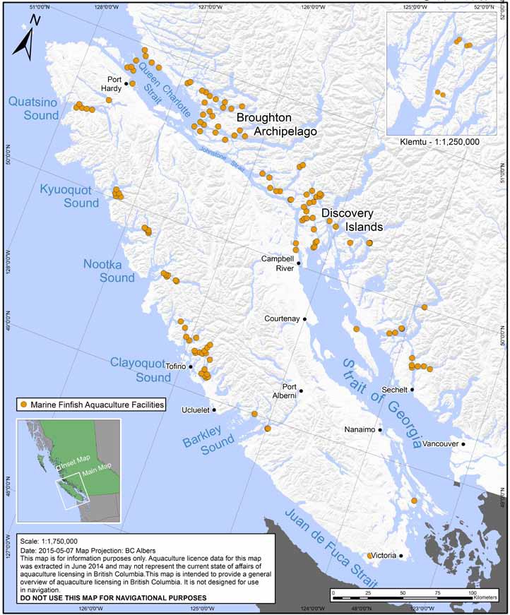 Map of 2014 Marine Finfish Aquaculture in British Columbia, showing Licensed Marine Finfish Aquaculture Facilities