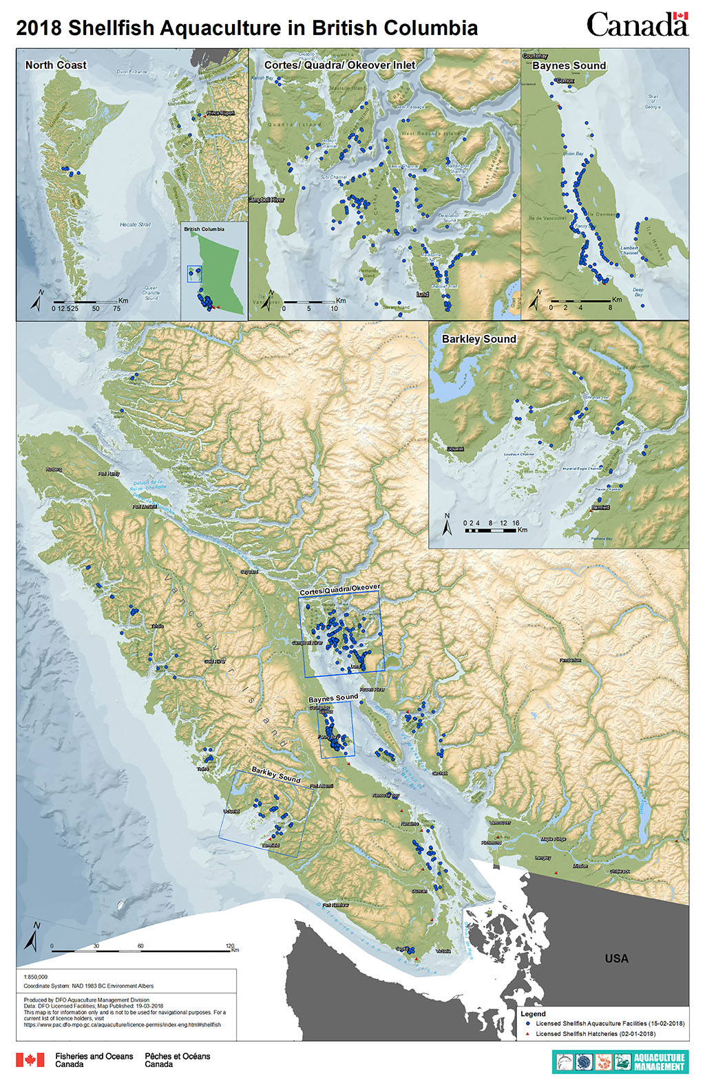 Figure 2: Map of shellfish aquaculture facilities in British Columbia, 2018 