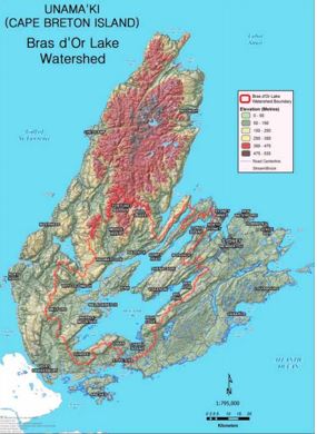 Map depicting area covered by the Bras d’Or Lakes’ Collaborative Environmental Planning Initiative in central Cape Breton Island, Nova Scotia.