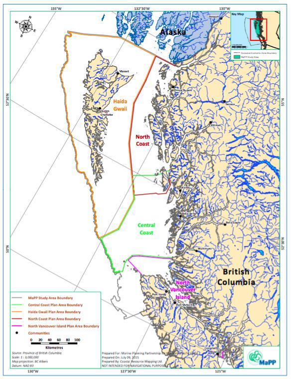 Carte illustrant les limites géographiques et les sous-limites du Partenariat de planification marine au large de la côte nord-ouest de la Colombie-Britannique.