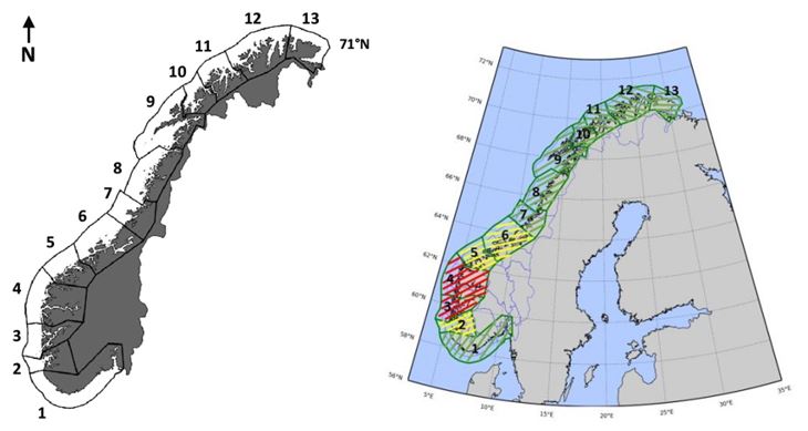 Map identifying 13 aquaculture management zones in Norway.