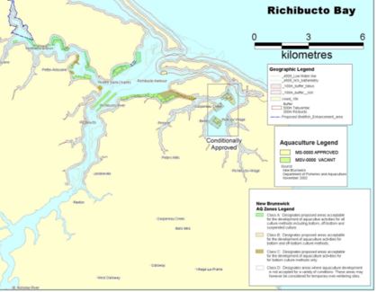 Map of Richibucto Bay, New Brunswick showing aquaculture zones and vacant and approved aquaculture leases.