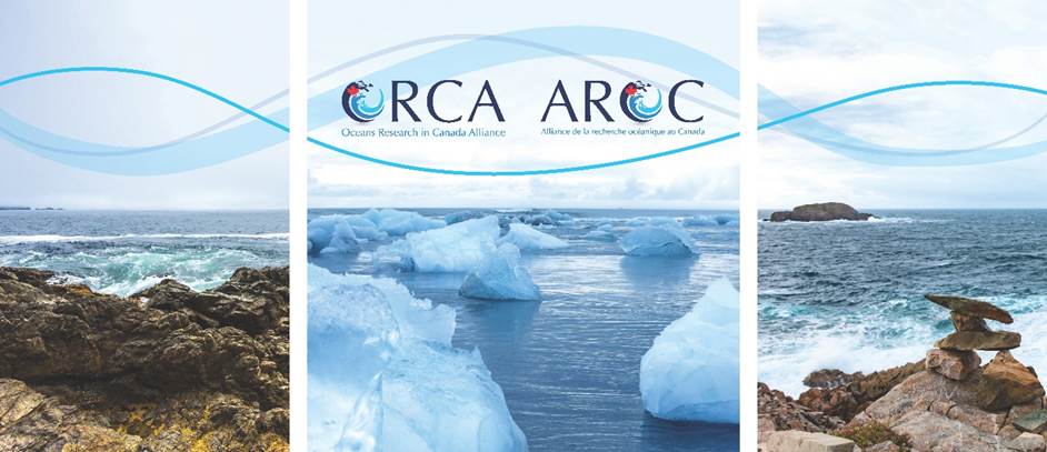 Bannière de l'Alliance de la recherche océanique au Canada avec des images des trois côtes du Canada et le logo bilingue de l'AROC.