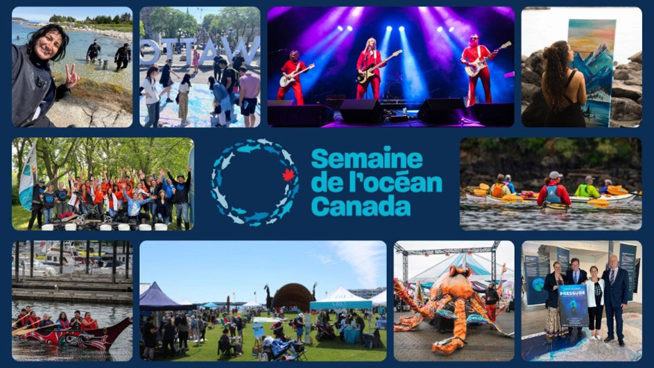 Collage photo de plusieurs événements de la Semaine de l’océan Canada, dont un concert, du kayak de mer et une carte de l’océan au sol à côté des lettres géantes formant le mot « Ottawa », avec le logo et le texte « Semaine de l’océan Canada » au centre.