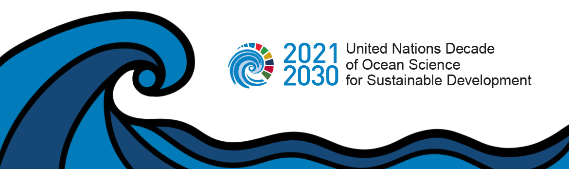 Ocean Decade logo, including a wave of colour and text which says: 2021 to 2030, United Nations Decade of Ocean Science for Sustainable Development.
