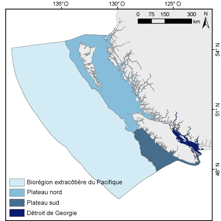 Biorégion extracôtière du Pacifique, Plateau  nord, Plateau sud et Détroit de Georgie sont les biorégions de la région du Pacifique du Canada.