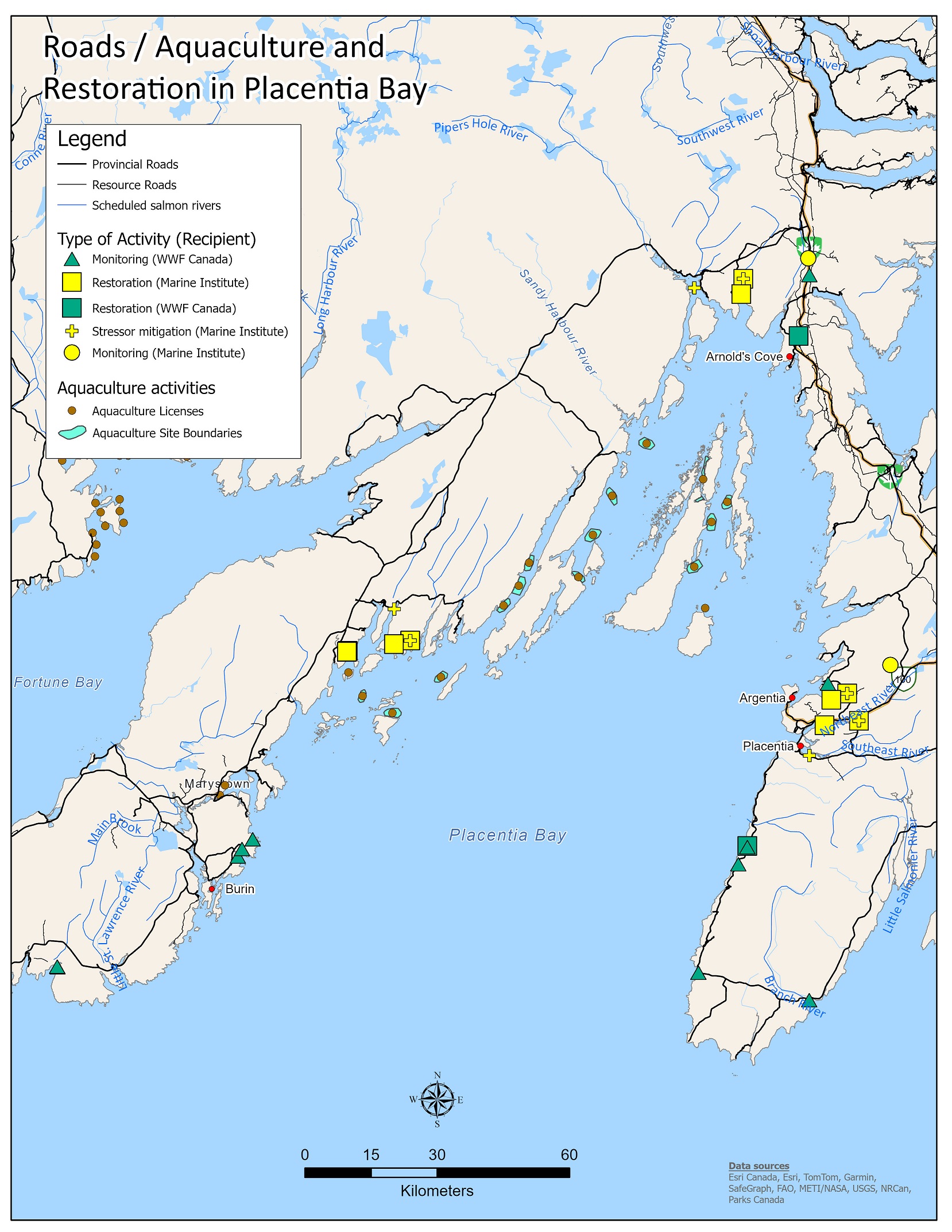 Map showing the physical locations of Coastal Restoration Fund projects in Placentia Bay in the context of human activities (e.g., Aquaculture and road networks)