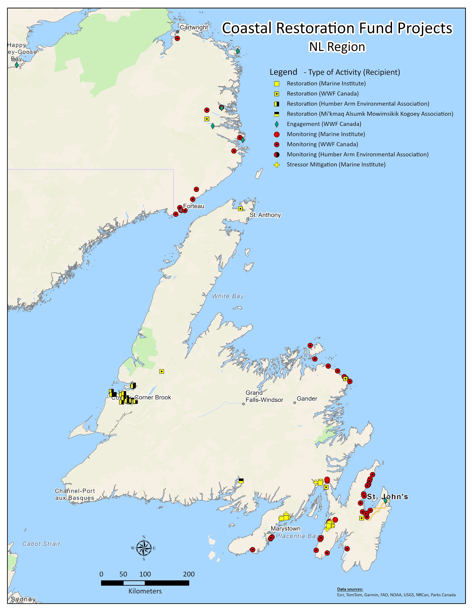 Map showing the physical locations of Coastal Restoration Fund (CRF) projects funded by DFO in Newfoundland and Labrador, with symbols indicating type of activity and name of recipient