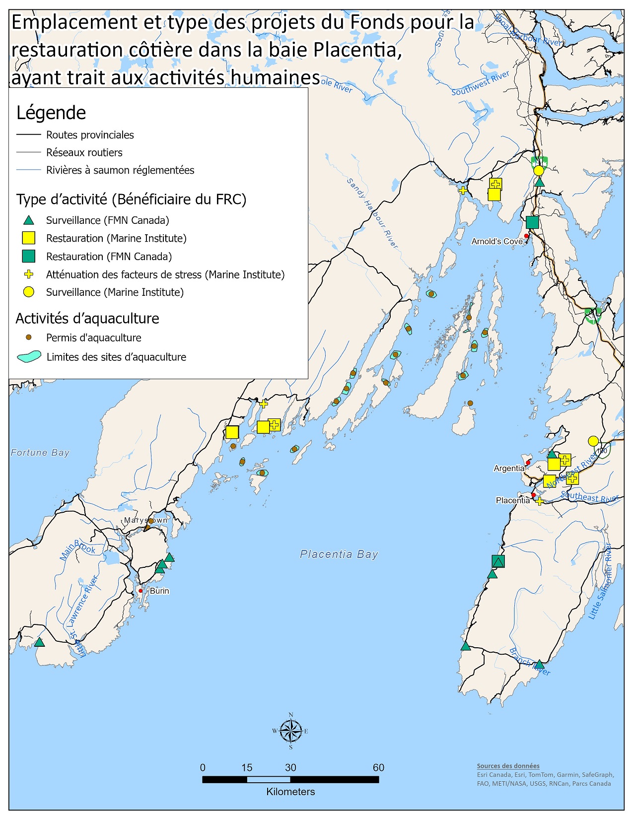 Carte indiquant les emplacements physiques des projets du Fonds pour la restauration côtière dans la baie Placentia dans le contexte des activités humaines (p. ex., aquaculture et réseaux routiers).