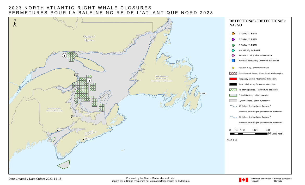 Carte illustrant tous les quadrilatères qui ouvrent à nouveau dans les eaux canadiennes en raison de détections précédentes de BNAN