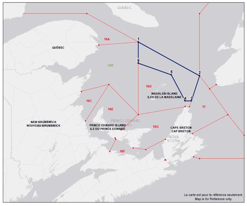 Carte illustrant la zone où la pêche par les senneurs le long du chenal Laurentien aura lieu (zone en bleu)