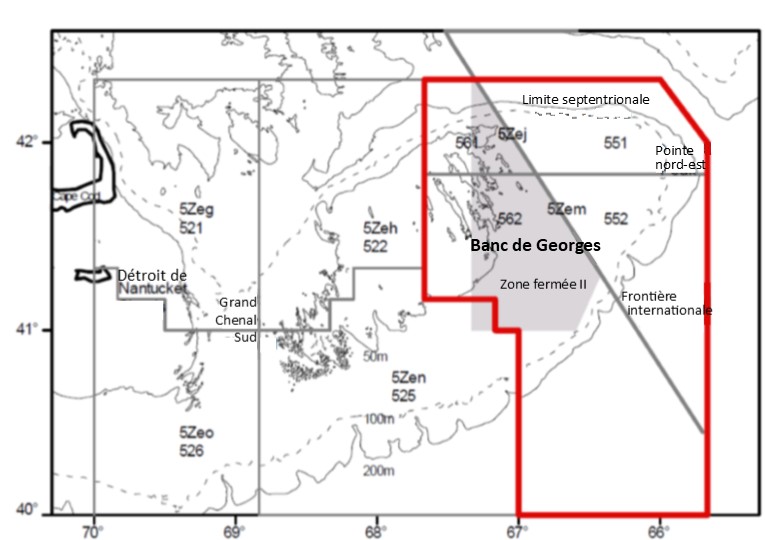 Banc de Georges (5Z) et ses zones statistiques. La ligne rouge (en gras) indique la zone de gestion de la morue de l’est du banc de Georges (MPO 2017). 
