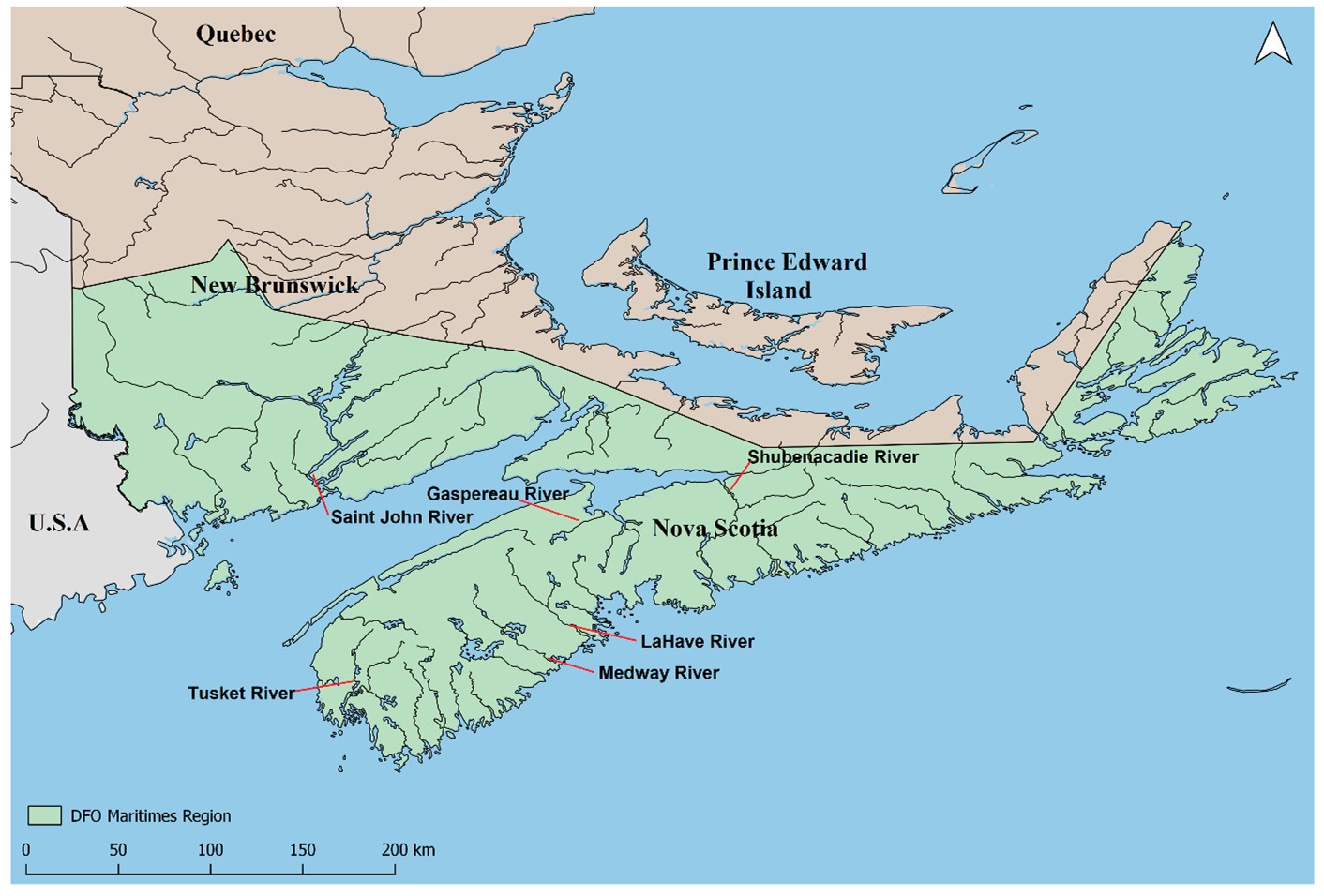 Map displaying rivers with major gaspereau fisheries in the Maritimes Region