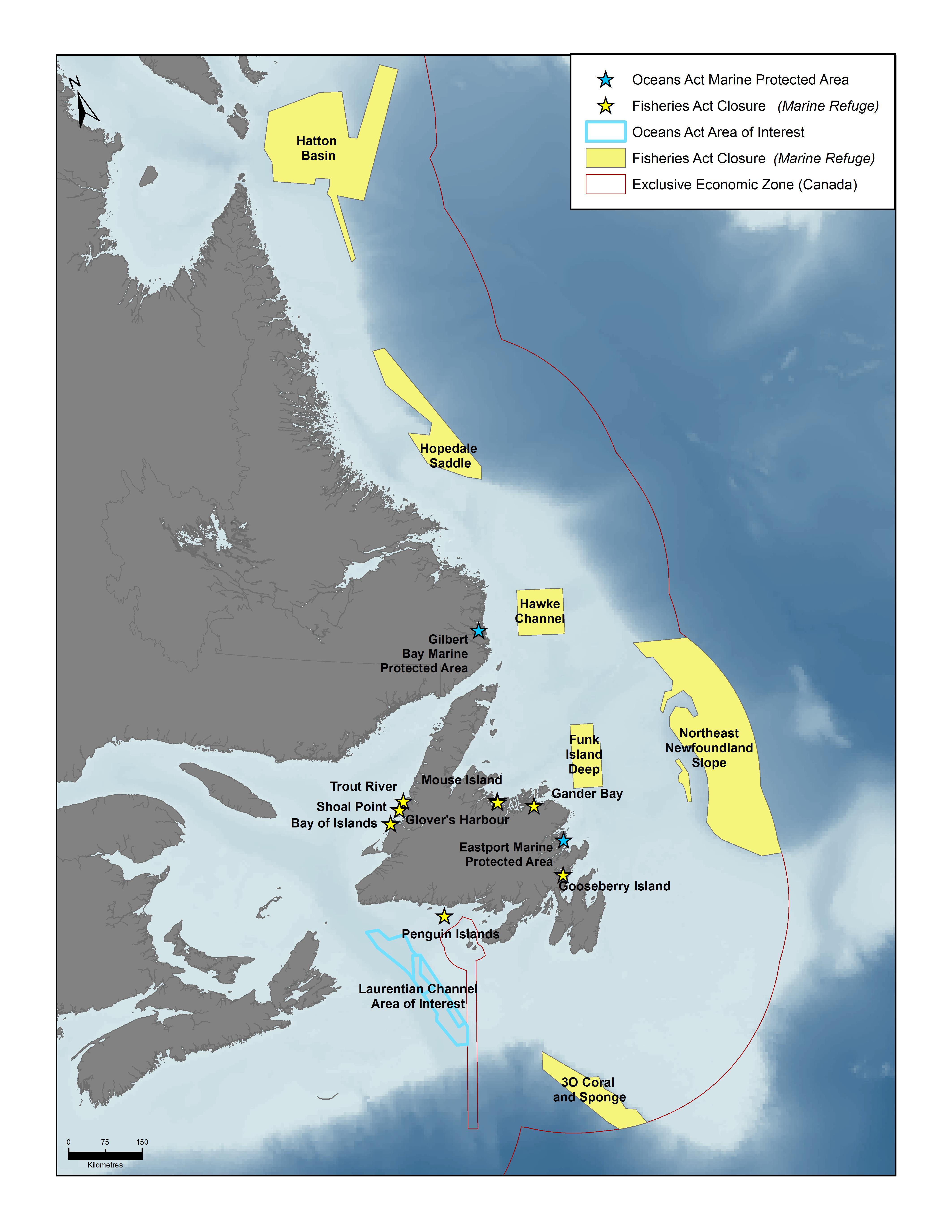 Carte des refuges, des zones de protection marine et des zones d’intérêt dans la région de Terre-Neuve et du Labrador