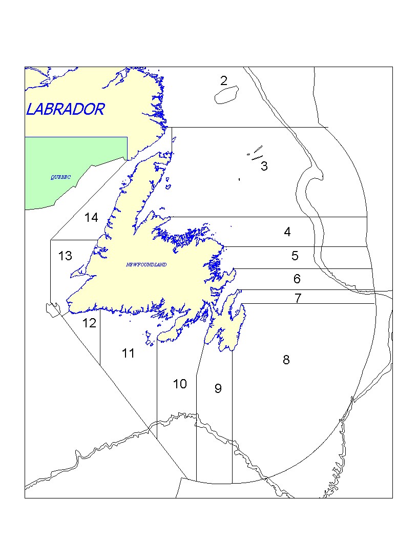 Map of Herring Fishing Areas (HFAs) around Newfoundland and Labrador
