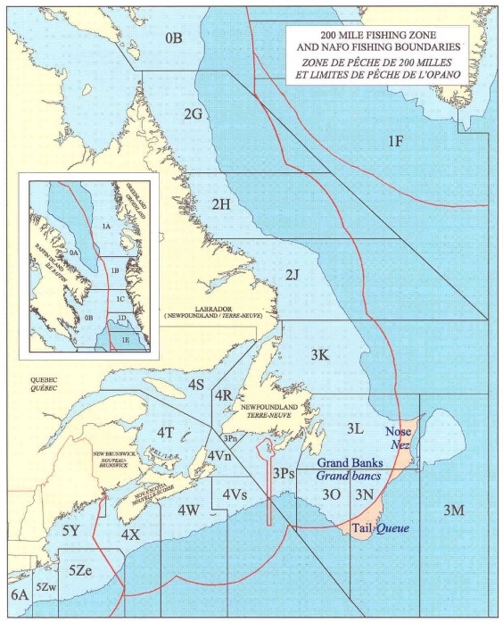 200 mile fishing zone and NAFO fishing boundaries. For details, see description that follows.