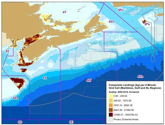 Scallop Landings Map (2008-2012) Atlantic Regions from DFO Oceans and Coastal Management Branch