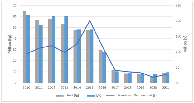 Un graphique à barres et linéaire combiné montrant le poids, le TAC et la valeur au débarquement de la crevette nordique dans la ZPC 6 de 2010 à 2021.