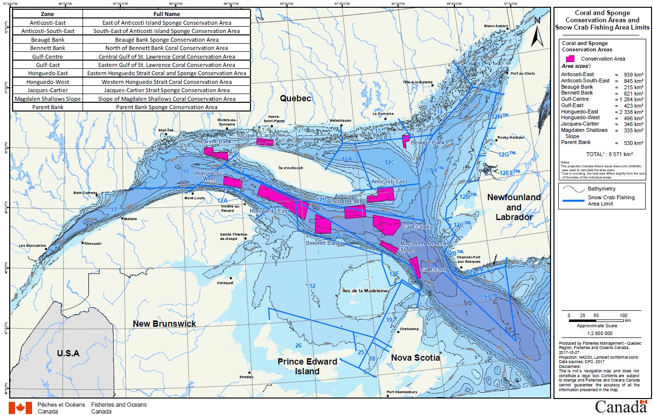 Map of coral and sponge conservation areas and the boundary lines of the snow crab fishing areas in the Estuary and Gulf of St. Lawrence.