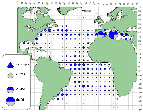 Illustration de la répartition géographique des prises d’espadons (en tonnes) par engin de pêche dans l’océan Atlantique et les mers adjacentes (de 2000 à 2008)
