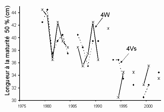 Fig. 8. Longueur des femelles de 4Vs et 4W à la maturité 50 %